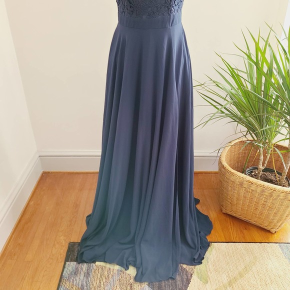 Lulu's Women Medium Picture Perfect Formal Gown Dress Navy Blue Lace Bodice Slit - Picture 5 of 11